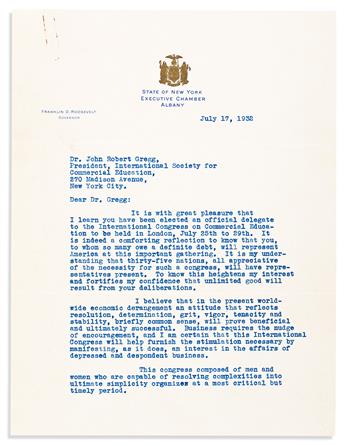 ROOSEVELT, FRANKLIN D. Typed Letter Signed, as Governor, to educator John Robert Gregg,